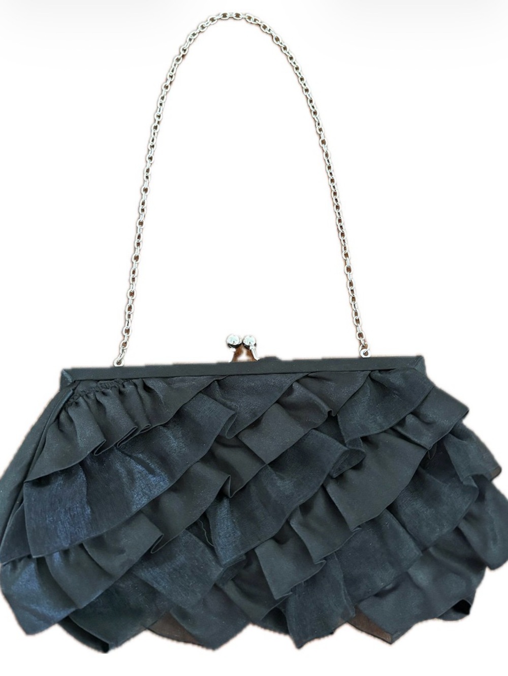 White House Black Market Black Satin Ruffle Clutch Evening Bag, Silver Chain - Picture 1 of 7